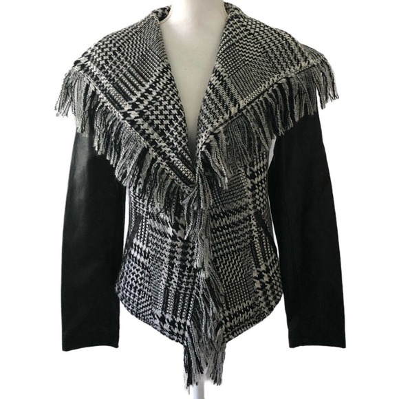 GUESS Jackets & Blazers - Guess Women's Wool Blend Faux Leather Arms Fringe Trim Plaid MOTO Jacket Sz M
